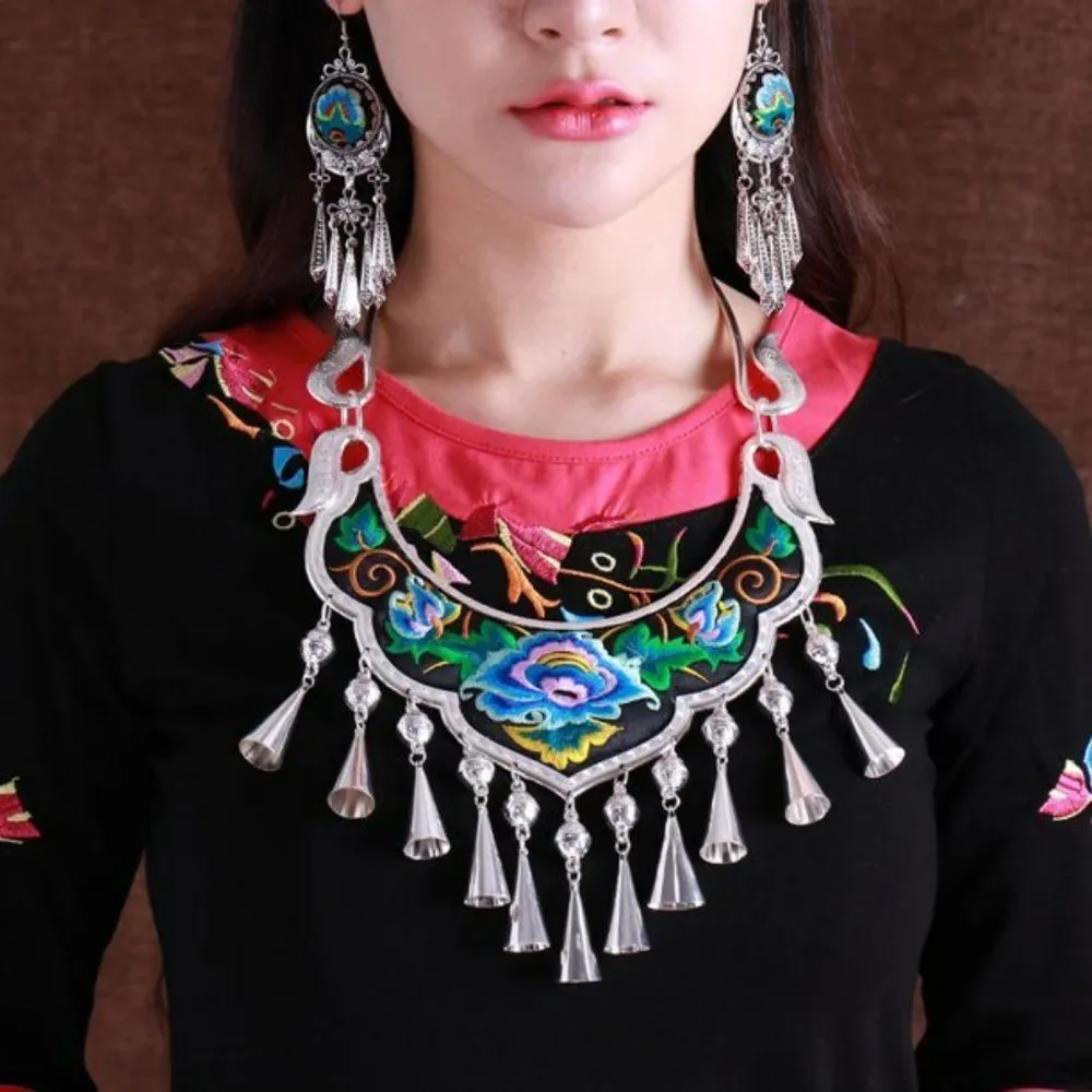 Ethnic Tribal Embroidered Rose Silver Necklace | Tibetan Charm Pendant Bells - Picture 2 of 4